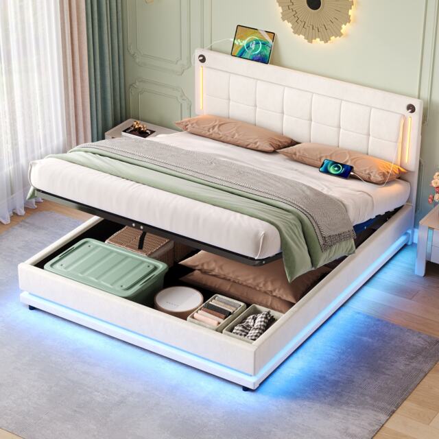 Upholstered Bed with Charging Station, Adjustable Tufted Headboard, LED Lighting Strip, Hydraulic Storage Bed for Bedroom, Beige - Aosom UK - image 1