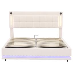Upholstered Bed with Charging Station, Adjustable Tufted Headboard, LED Lighting Strip, Hydraulic Storage Bed for Bedroom, Beige - Aosom UK - thumbnail 2