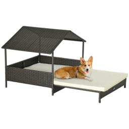 PawHut Extendable Elevated Dog Bed, Rattan Dog House, with Water-Resistant Roof, Removable Cushion, for Small, Medium Dogs - thumbnail 1
