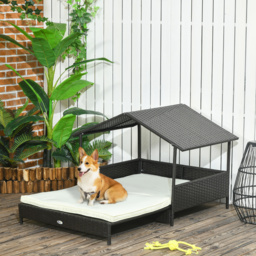 PawHut Extendable Elevated Dog Bed, Rattan Dog House, with Water-Resistant Roof, Removable Cushion, for Small, Medium Dogs - thumbnail 2