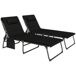 Outsunny Folding Sun Loungers Set of 2, Recliner Garden Chairs with Quick Drying Pad Headrest Side Pocket, Garden Sun Loungers for Beach Pool, Black - thumbnail 1