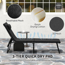 Outsunny Folding Sun Loungers Set of 2, Recliner Garden Chairs with Quick Drying Pad Headrest Side Pocket, Garden Sun Loungers for Beach Pool, Black - thumbnail 6