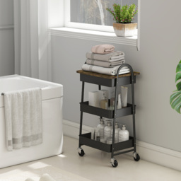 HOMCOM 3-Tier Kitchen Storage Trolley with on Wheels Cover Top Board - Rustic Brown and Black - thumbnail 9
