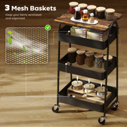 HOMCOM 3-Tier Kitchen Storage Trolley with on Wheels Cover Top Board - Rustic Brown and Black - thumbnail 4