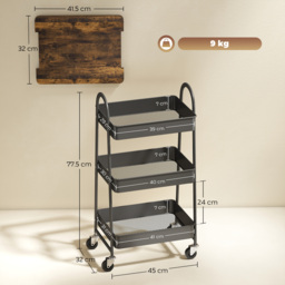 HOMCOM 3-Tier Kitchen Storage Trolley with on Wheels Cover Top Board - Rustic Brown and Black - thumbnail 3