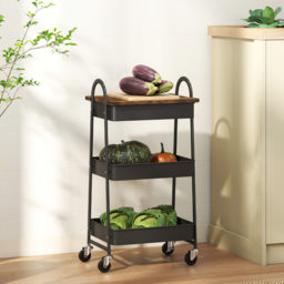 HOMCOM 3-Tier Kitchen Storage Trolley with on Wheels Cover Top Board - Rustic Brown and Black - thumbnail 7