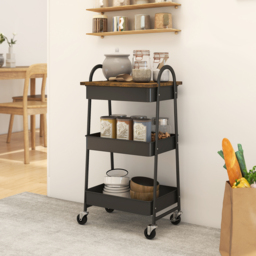 HOMCOM 3-Tier Kitchen Storage Trolley with on Wheels Cover Top Board - Rustic Brown and Black - thumbnail 2