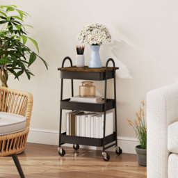 HOMCOM 3-Tier Kitchen Storage Trolley with on Wheels Cover Top Board - Rustic Brown and Black - thumbnail 8