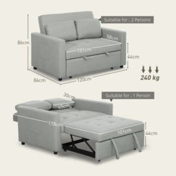 HOMCOM Velvet-Feel Two-Seater Sofa Bed - Light Grey - thumbnail 3