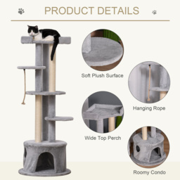 PawHut Cat Tree Multi-Level, Kitten Tower Activity Centre with Scratching Post, Condo, Hanging Ropes & Plush Perches, Grey - thumbnail 4