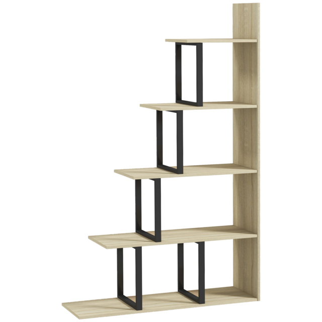 HOMCOM 5-Tier Bookcase, Wooden Ladder Bookshelf Display Stand, Oak - image 1