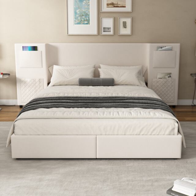 Upholstered Double Bed with Storage Drawers and Headboard Pockets, Bed Frame with Velvet and Plywood, 229L x 222.5W x 87.5H cm, Beige - Aosom UK - image 1