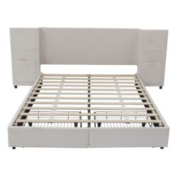 Upholstered Double Bed with Storage Drawers and Headboard Pockets, Bed Frame with Velvet and Plywood, 229L x 222.5W x 87.5H cm, Beige - Aosom UK - thumbnail 2