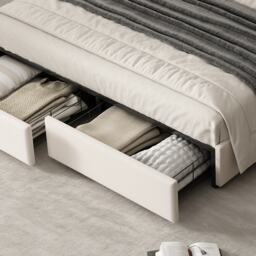 Upholstered Double Bed with Storage Drawers and Headboard Pockets, Bed Frame with Velvet and Plywood, 229L x 222.5W x 87.5H cm, Beige - Aosom UK - thumbnail 9