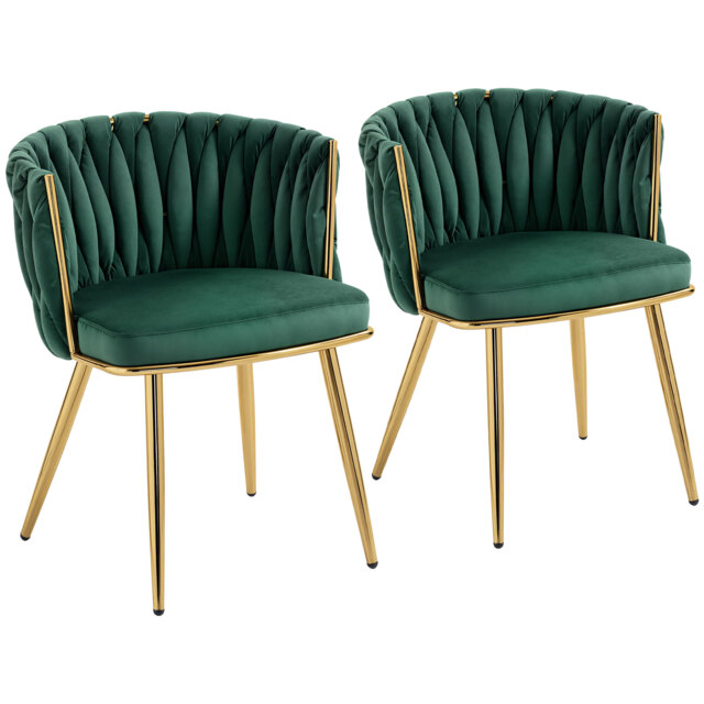 HOMCOM Velvet-Feel Dining Chairs Set of 2, Modern Upholstered Kitchen Chairs with Woven Backrest and Armrests, Metal Legs and Padded Seat for Dining Room, Bedroom, Living Room, Dark Green - image 1