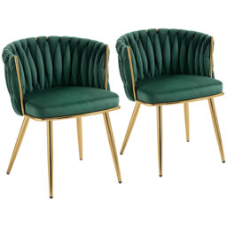 HOMCOM Velvet-Feel Dining Chairs Set of 2, Modern Upholstered Kitchen Chairs with Woven Backrest and Armrests, Metal Legs and Padded Seat for Dining Room, Bedroom, Living Room, Dark Green - thumbnail 1
