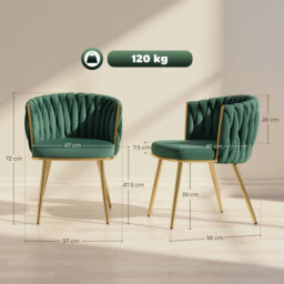 HOMCOM Velvet-Feel Dining Chairs Set of 2, Modern Upholstered Kitchen Chairs with Woven Backrest and Armrests, Metal Legs and Padded Seat for Dining Room, Bedroom, Living Room, Dark Green - thumbnail 3