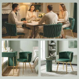 HOMCOM Velvet-Feel Dining Chairs Set of 2, Modern Upholstered Kitchen Chairs with Woven Backrest and Armrests, Metal Legs and Padded Seat for Dining Room, Bedroom, Living Room, Dark Green - thumbnail 9