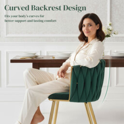HOMCOM Velvet-Feel Dining Chairs Set of 2, Modern Upholstered Kitchen Chairs with Woven Backrest and Armrests, Metal Legs and Padded Seat for Dining Room, Bedroom, Living Room, Dark Green - thumbnail 5