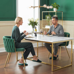 HOMCOM Velvet-Feel Dining Chairs Set of 2, Modern Upholstered Kitchen Chairs with Woven Backrest and Armrests, Metal Legs and Padded Seat for Dining Room, Bedroom, Living Room, Dark Green - thumbnail 2