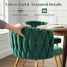 HOMCOM Velvet-Feel Dining Chairs Set of 2, Modern Upholstered Kitchen Chairs with Woven Backrest and Armrests, Metal Legs and Padded Seat for Dining Room, Bedroom, Living Room, Dark Green - thumbnail 6