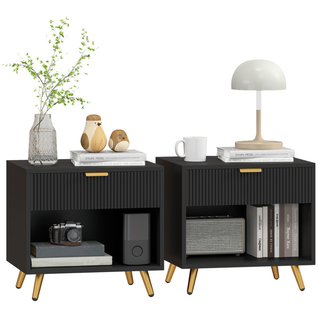 HOMCOM Elegant Bedside Table Set of 2, with Drawer and Shelf - Black/Gold Tone - image 1
