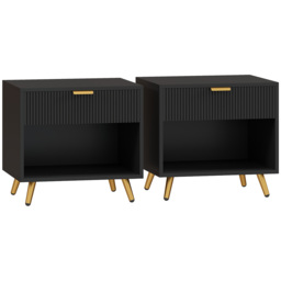 HOMCOM Elegant Bedside Table Set of 2, with Drawer and Shelf - Black/Gold Tone