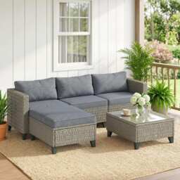Outsunny 5-Piece Rattan Patio Furniture Set with Corner Sofa, Footstools, Coffee Table, for Poolside, Dark Grey - thumbnail 2