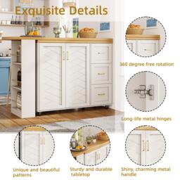 Multifunctional Kitchen Island for Dining & Living Areas, Extendable Bar Cart with 2 Doors & 3 Drawers, 135-228L x 39W x 104H cm, White - Aosom UK - thumbnail 5