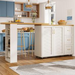 Multifunctional Kitchen Island for Dining & Living Areas, Extendable Bar Cart with 2 Doors & 3 Drawers, 135-228L x 39W x 104H cm, White - Aosom UK - thumbnail 8
