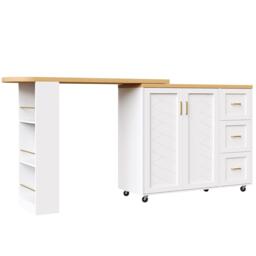 Multifunctional Kitchen Island for Dining & Living Areas, Extendable Bar Cart with 2 Doors & 3 Drawers, 135-228L x 39W x 104H cm, White - Aosom UK - thumbnail 2