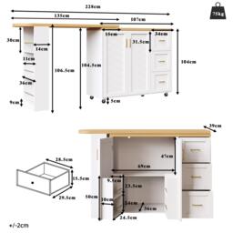 Multifunctional Kitchen Island for Dining & Living Areas, Extendable Bar Cart with 2 Doors & 3 Drawers, 135-228L x 39W x 104H cm, White - Aosom UK - thumbnail 3