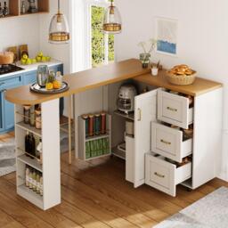 Multifunctional Kitchen Island for Dining & Living Areas, Extendable Bar Cart with 2 Doors & 3 Drawers, 135-228L x 39W x 104H cm, White - Aosom UK - thumbnail 7