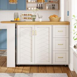 Multifunctional Kitchen Island for Dining & Living Areas, Extendable Bar Cart with 2 Doors & 3 Drawers, 135-228L x 39W x 104H cm, White - Aosom UK - thumbnail 1