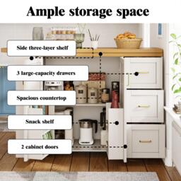 Multifunctional Kitchen Island for Dining & Living Areas, Extendable Bar Cart with 2 Doors & 3 Drawers, 135-228L x 39W x 104H cm, White - Aosom UK - thumbnail 4