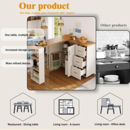 Multifunctional Kitchen Island for Dining & Living Areas, Extendable Bar Cart with 2 Doors & 3 Drawers, 135-228L x 39W x 104H cm, White - Aosom UK - thumbnail 6