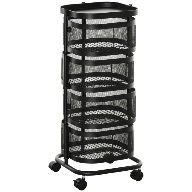 HOMCOM Metal Storage Cart, 4-Tier Storage Trolley on Wheels with 4 Mesh Baskets and Top Tray, Black - image 1