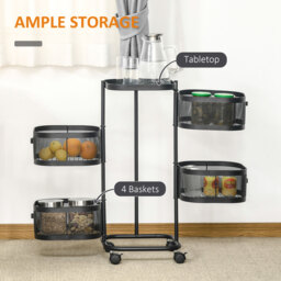 HOMCOM Metal Storage Cart, 4-Tier Storage Trolley on Wheels with 4 Mesh Baskets and Top Tray, Black - thumbnail 4