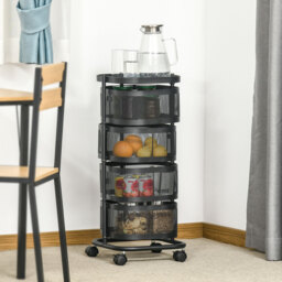 HOMCOM Metal Storage Cart, 4-Tier Storage Trolley on Wheels with 4 Mesh Baskets and Top Tray, Black - thumbnail 2
