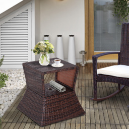 Outsunny Outdoor Patio Rattan Wicker Coffee Table Bistro Side Table w/ Umbrella Hole and Storage Space, Brown - Aosom UK - thumbnail 2