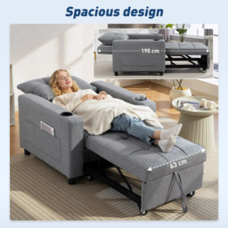 HOMCOM 3-in-1 Single Sofa Bed, Convertible Sleeper Chair Bed - Dark Grey - thumbnail 6