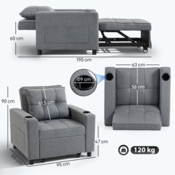HOMCOM 3-in-1 Single Sofa Bed, Convertible Sleeper Chair Bed - Dark Grey - thumbnail 3