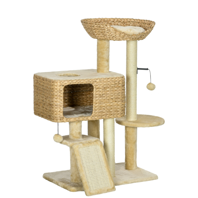PawHut 95cm Cat Tree Tower for Indoor Cats, with Scratching Post, Cat House, Toy Ball, Platform - Beige - image 1