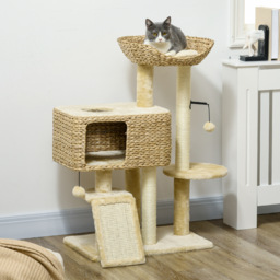 PawHut 95cm Cat Tree Tower for Indoor Cats, with Scratching Post, Cat House, Toy Ball, Platform - Beige - thumbnail 2