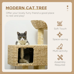 PawHut 95cm Cat Tree Tower for Indoor Cats, with Scratching Post, Cat House, Toy Ball, Platform - Beige - thumbnail 4