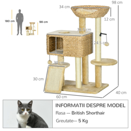 PawHut 95cm Cat Tree Tower for Indoor Cats, with Scratching Post, Cat House, Toy Ball, Platform - Beige - thumbnail 3