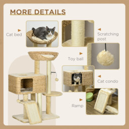 PawHut 95cm Cat Tree Tower for Indoor Cats, with Scratching Post, Cat House, Toy Ball, Platform - Beige - thumbnail 6