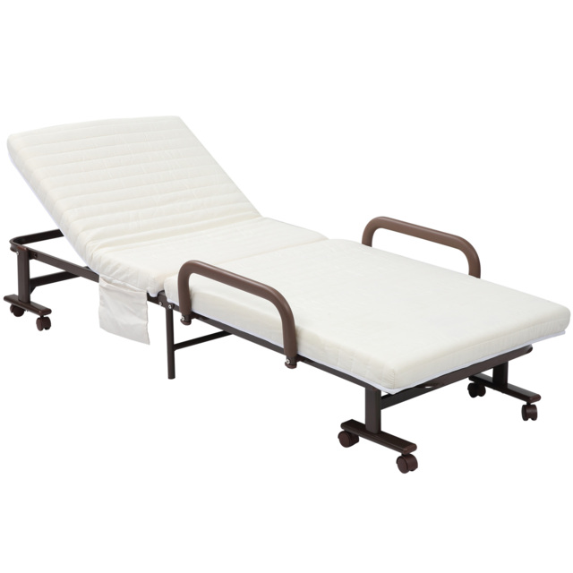 HOMCOM Folding Bed with 8cm Mattress, Portable Foldable Guest Bed with Adjustable Backrest, Metal Frame on Wheels, Brown - Aosom UK - image 1