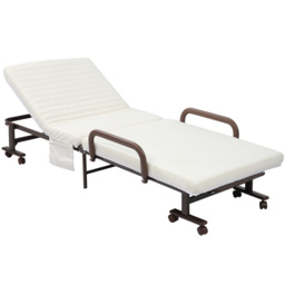 HOMCOM Folding Bed with 8cm Mattress, Portable Foldable Guest Bed with Adjustable Backrest, Metal Frame on Wheels, Brown - Aosom UK