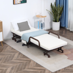 HOMCOM Folding Bed with 8cm Mattress, Portable Foldable Guest Bed with Adjustable Backrest, Metal Frame on Wheels, Brown - Aosom UK - thumbnail 2
